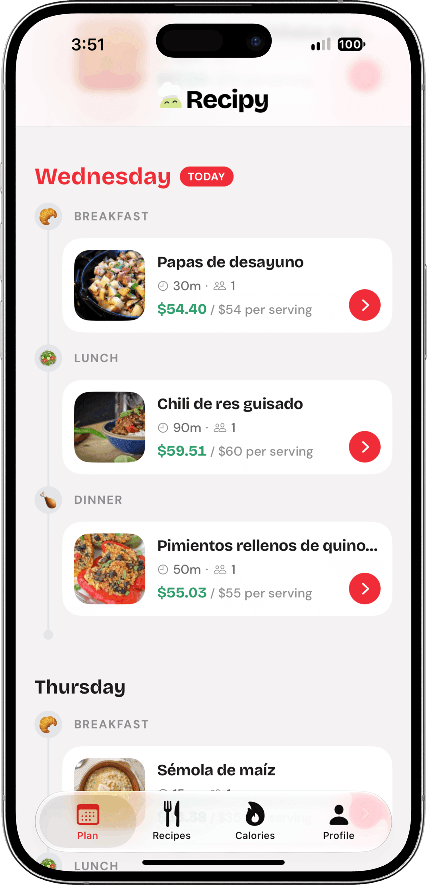 Recipy daily plan for Wednesday with breakfast, lunch, and dinner cards