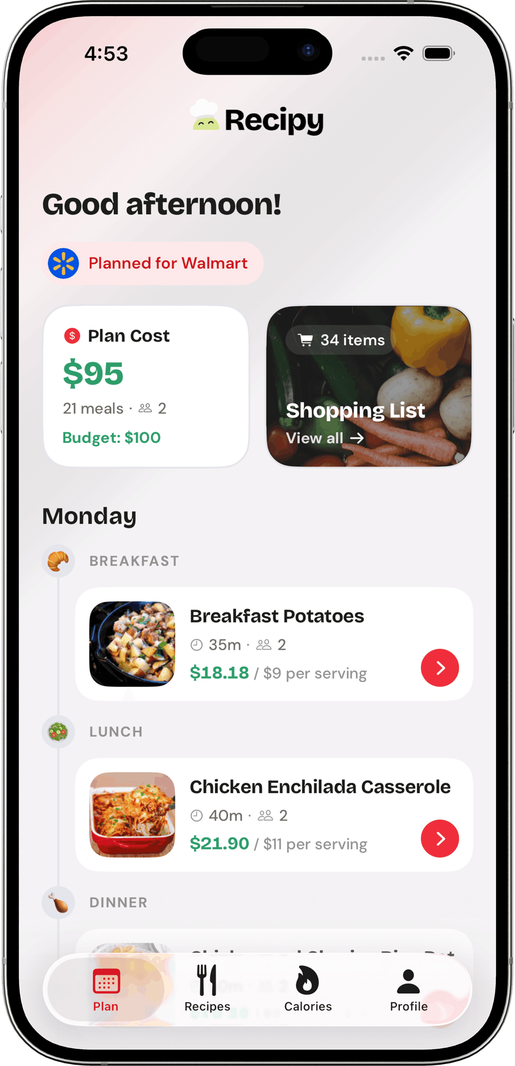Recipy daily meal plan with plan cost and a Walmart shopping list
