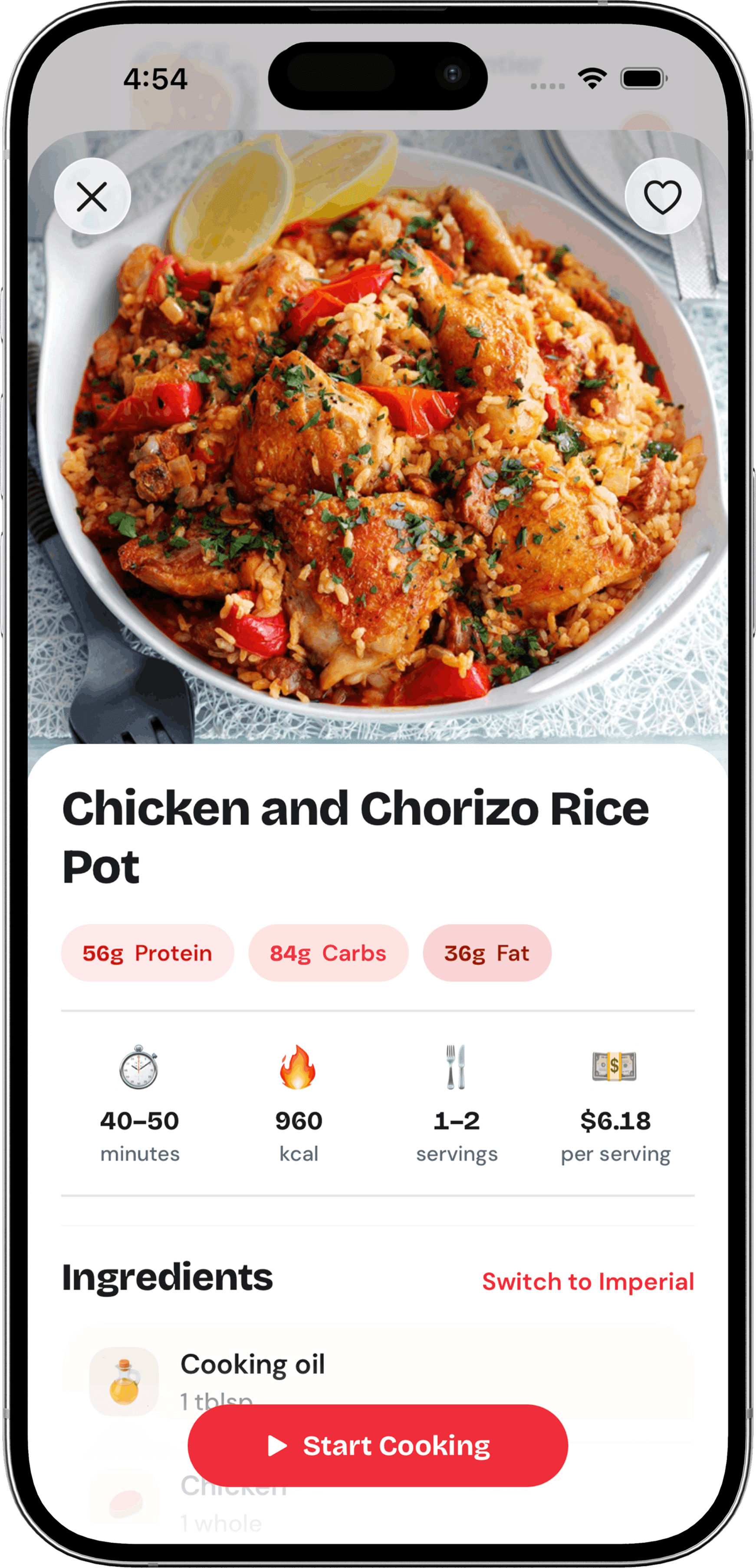 Recipy recipe view with protein, carbs, fat, and a Start Cooking button